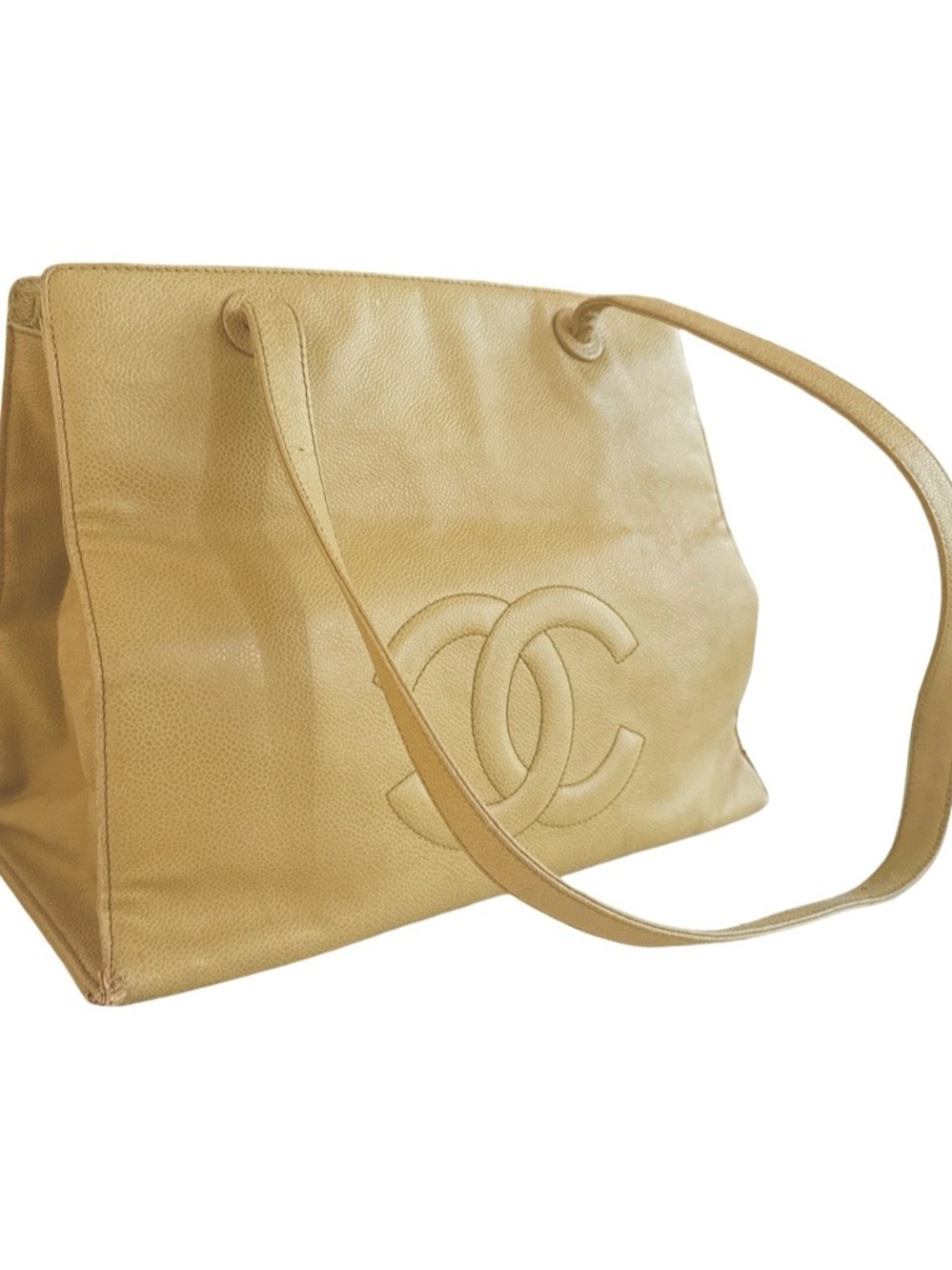 Vintage CHANEL Olive Green Caviar Leather CC Logo Shoulder Tote Bag